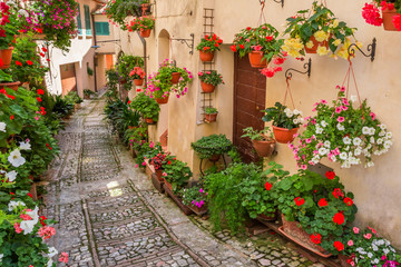 Fototapeta na wymiar Street in small town in Italy in sunny day, Umbria