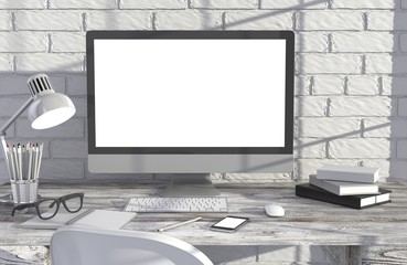 Fototapeta premium 3D illustration PC screen on table in office, Workspace