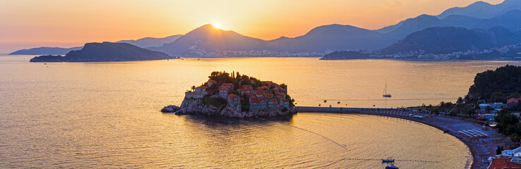 Sunset and Sveti Stefan sea islet (Montenegro)