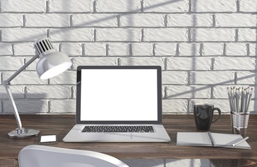 Fototapeta na wymiar 3D illustration laptop and work stuff on table near brick wall