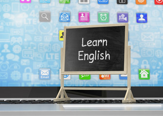  Laptop with chalkboard, learn english, online education concept