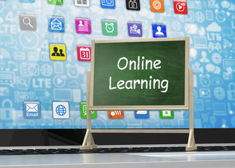  Laptop with chalkboard, online education concept