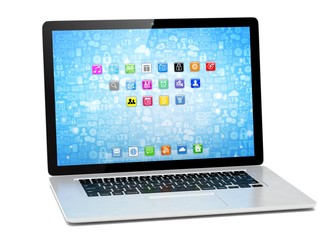 3d rendering of a laptop with blue wallpaper with app icon