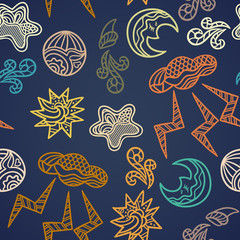Seamless background with stylized elements of the weather. Weather background. Hand drawn ornaments. Doodles. 