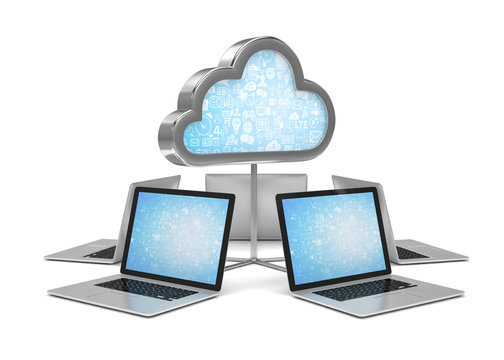 3d cloud symbol and laptops