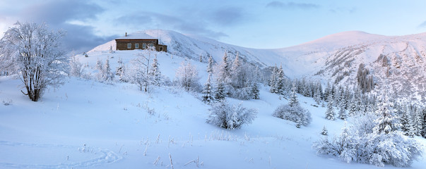 Morning predawn winter mountain panorama (Carpathian, Ukraine).