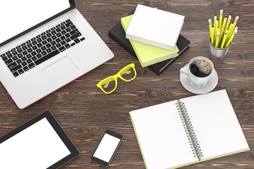 laptop and office stuff, workplace, top view