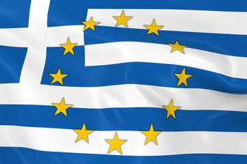 Greece EU Member Concept Image - 3D render of a waving Greek Flag with European Union Stars