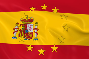 Spain EU Member Concept Image - 3D render of a waving Spanish Flag with European Union Stars