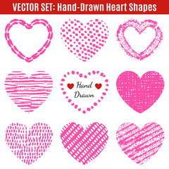 Set of hand-drawn textures heart shapes.  Vector illustration fo