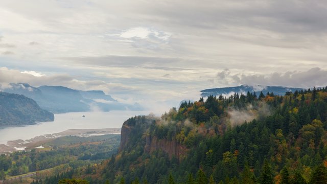 Ultra High Definition 4k Time Lapse Movie of Rolling White Fog and Clouds over Columbia River Gorge from Women's Forum Overlook with View of Crown Point in Early Fall Season Portland Oregon 4096x2304