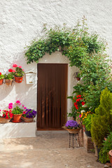 Fototapeta na wymiar Traditional mediterranean house door decorated flowers and