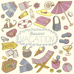 Template for card of vacation. Summer card. Summer holiday doodle background. 
