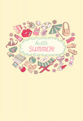 Template for card of vacation. Summer card. Summer holiday doodle background. 