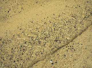 Fototapeta na wymiar Brook on the sand beach low water. Rolling grains. Background like the aquarium. Orzola bay, Lanzarote, Canary Islands