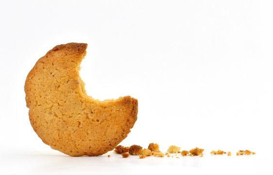 A homemade peanut butter cookie with a bite taken from it and a trail of crumbs. On white.