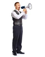 Young man talking in megaphone.