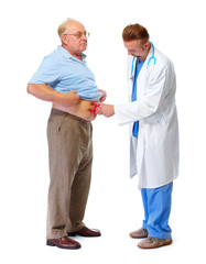 Medical doctor with body fat calipers.