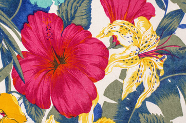 Fototapeta na wymiar Floral pattern on white fabric. Big red flower print as background.
