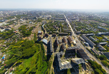 Aerial view of downtown. Crossroads, houses, buildings and parks