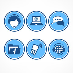Customer service icons in blue on white, illustration