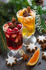 festive Christmas drinks and cookies, vertical