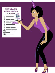 Embarrassed woman in a party hat correcting an year on a New Year Resolutions list, EPS 8 vector illustration 