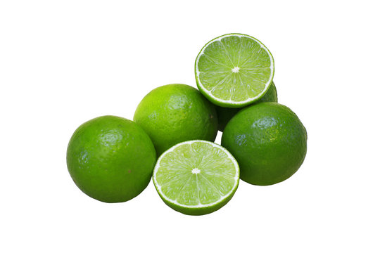 Group of fresh limes, isolated on white background. Image of natural materials. Eco style. 