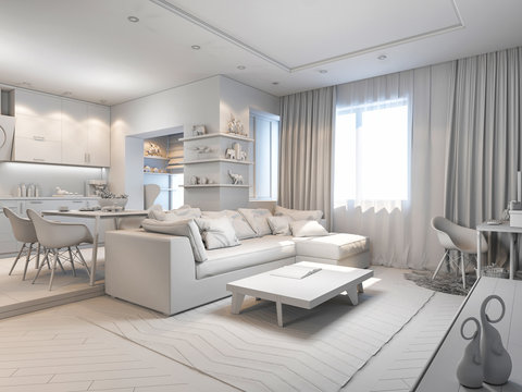 3d render of small apartments without textures in white color