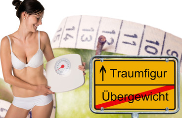 dream figure / sign with the german words dream figure and overweight and a woman with a weight...