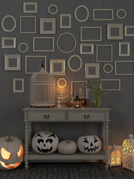 Beige table with luminous decorations for Halloween