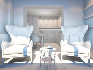 3d illustration of small apartments in pastel colors.