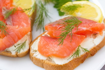 Sandwich with smoked salmon, cream cheese and lemon on plate