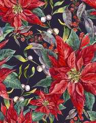 Christmas floral seamless pattern with poinsettia.