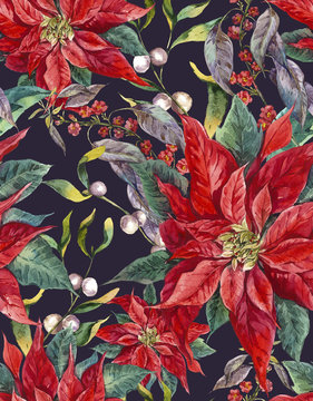 Christmas floral seamless pattern with poinsettia.