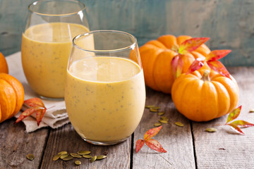 Healthy pumpkin smoothie with chia seed in glasses