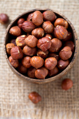 hazelnuts in a wooden bowl