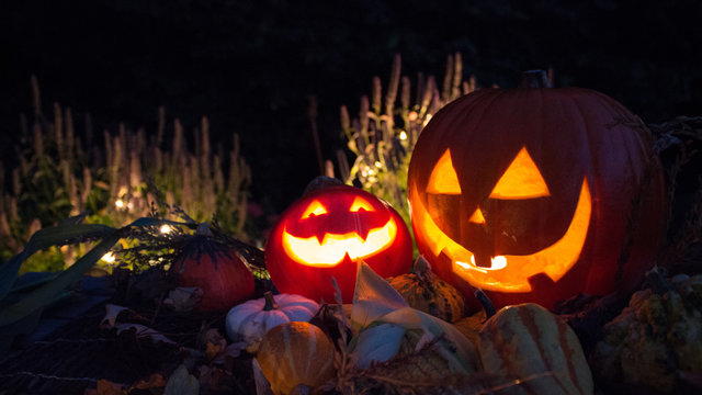 Herbst Halloween Kürbislaterne Kürbisse Lichter Nacht Erntedank Hintergrund