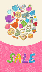 Template for card with objects shopping. Hand drawn ornaments. Doodles.