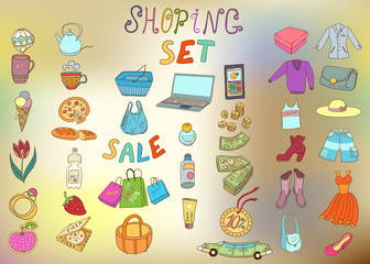 Set of objects shopping. Hand drawn ornaments. Doodles. Blurred. 