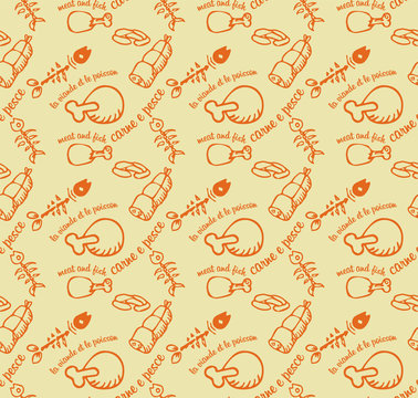 Meat and fish vector pattern orange