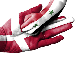 Adult man holding a baby hand with Denmark and Syria flags overlaid. Isolated on white