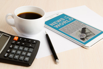 View from the top on a wooden Desk with gadgets