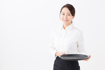 portrait of asian waitress on white background