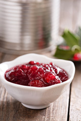 Storebought cranberry sauce in small dish