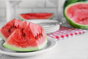Sliced watermelon on plate closeup