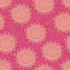 Background with abstract hand drawn waves pattern with decorative element and stylized flowers. Seamless texture with sunflower. Summer texture.