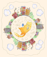 Vector illustration of watercolor. Illustration watercolor city. Decorative sketch of cartoon city. Watercolor illustration of cat hipster. Template for card with watercolor illustration.