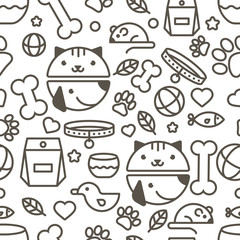 Vector seamless pattern with linear muzzle of cat and dog, goods