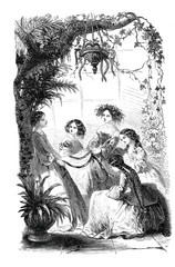Vintage black and white engraving, girls outdoor: telling stories in the greenhouse